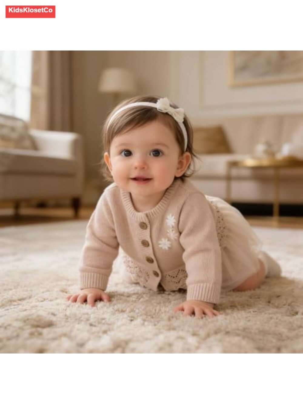 Organic Cotton Baby Cardigan, Exquisite Flower Pattern Knit, Long Sleeve - Picture 2 of 6